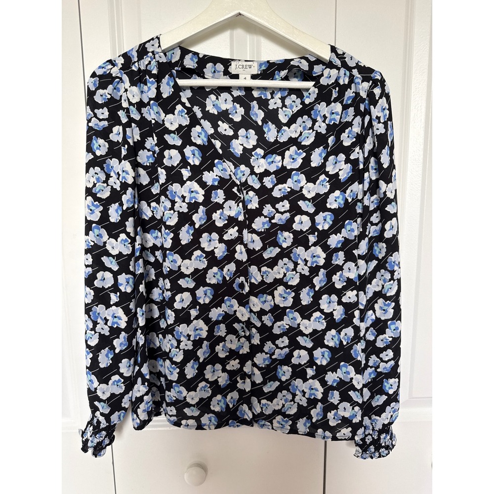 J.Crew Women Black Blue Floral V-Neck Blouse Smocked Cuffs Size 4